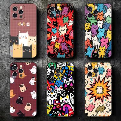 Cartoon Cute Cats Theme Soft Phone Case for iPhone 16 16E 17 Air 15 Pro Max 14 Plus 13 Mini 11 12 7 Black Cover Back Shell