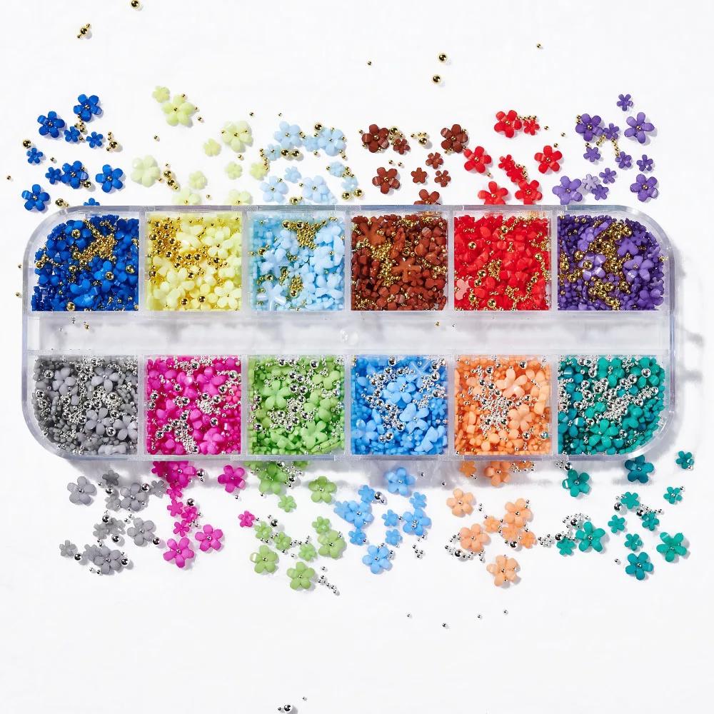 12Grids/Box Mixed Resin Bowknot Nail Charms 3D Colorful Bow Kawaii Rhinestone Nail Art Decorations DIY Manicure Parts Pen Tweeze