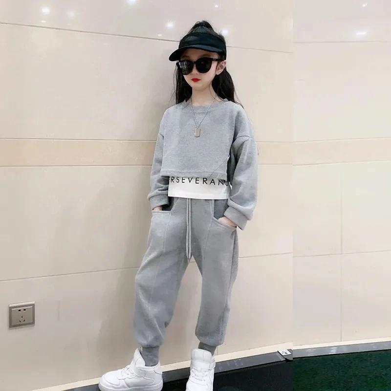 Teenager Gray Girls Sport Suit Spring Clothes Long Sleeve Top Sweatshirt Hooded & Pants Casual 6 7 8 9 10 11 12 Years Child