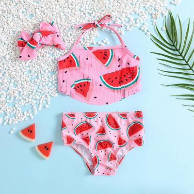Adorabile Set da 3 Pezzi Costume da Bagno per Ragazze Tigre: Top con Stampa Anguria e Frange con Scollo all'americana e Cravattino in Omaggio