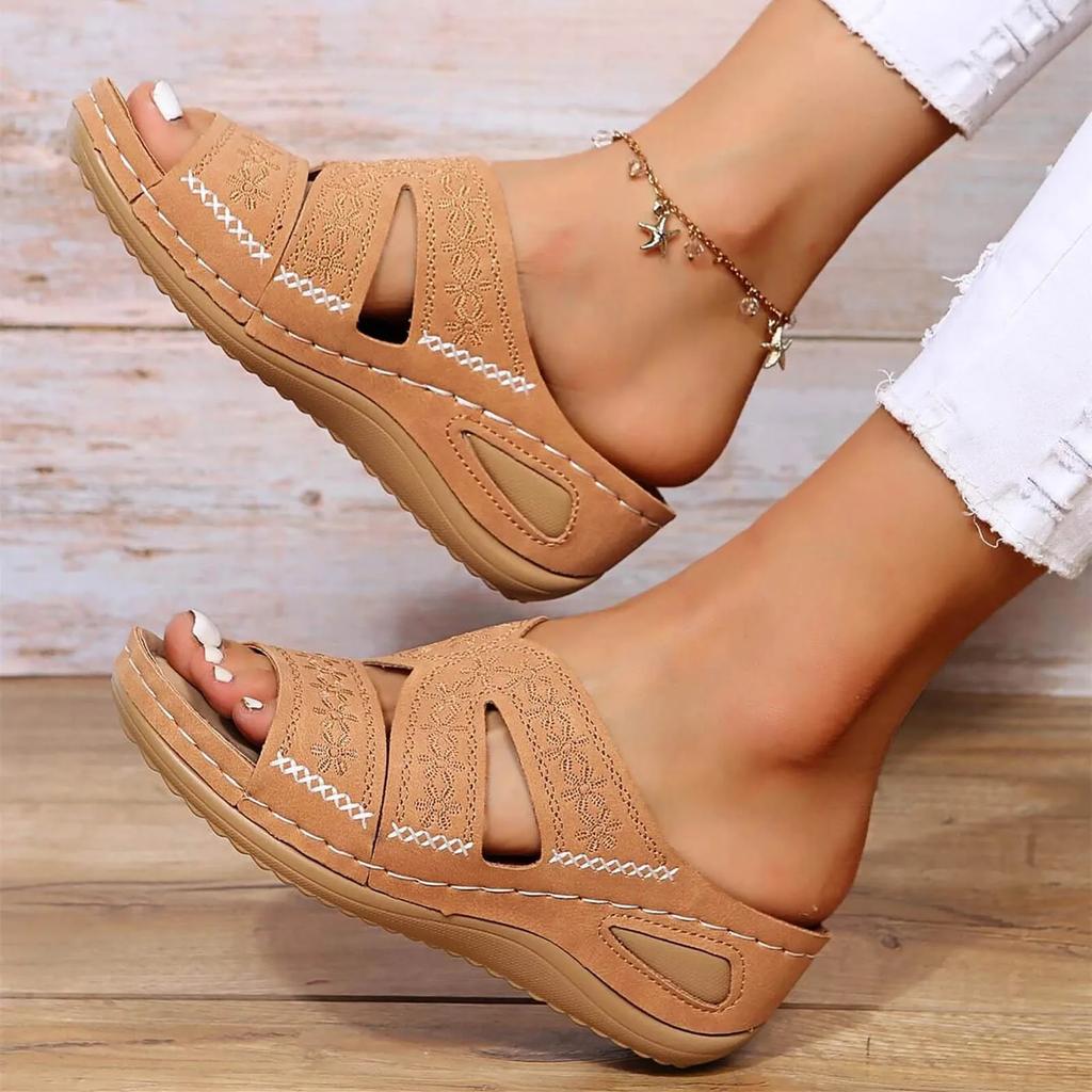 Summer New Women Slippers Fashion Wedge Open Toe Slippers Vintage Anti-slip Leather Casual Platform Shoes Female Zapatos36-43