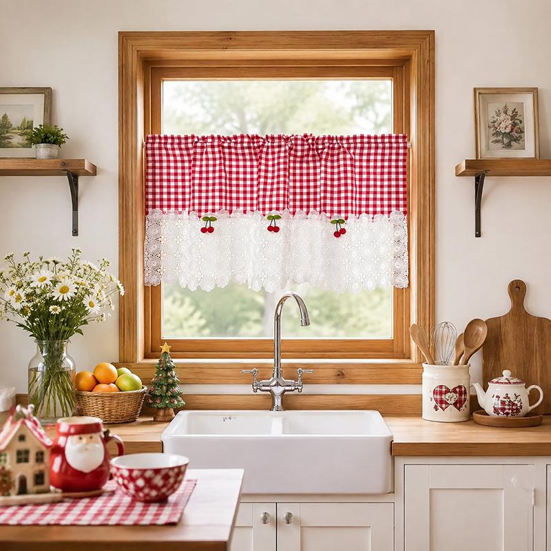 Franse Platteland Rode Ruiten Patchwork Witte Bloem Kant Halve Gordijn Gele Kers Decor Kleine Gordijn voor Keuken Woonkamer S Rod Pocket&1 panel