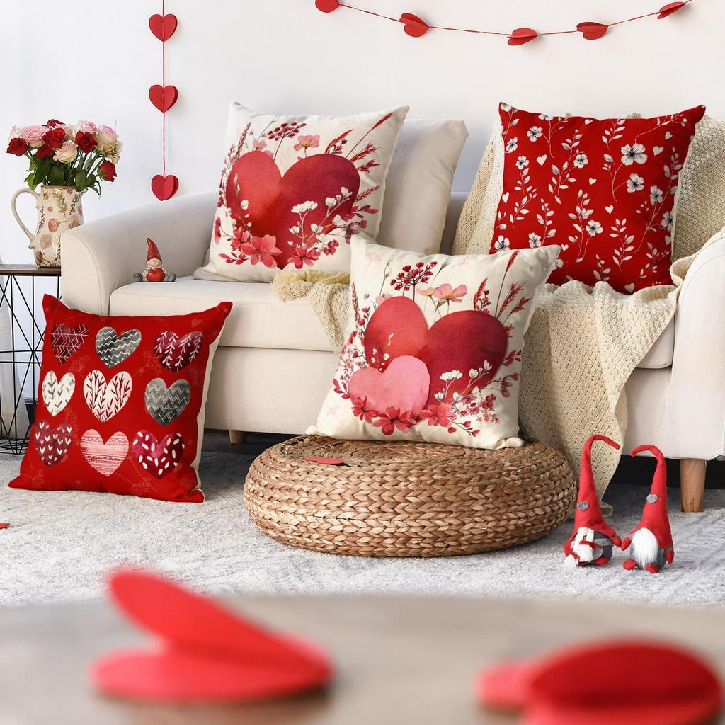 AVOIN colorlife Valentine's Day Love Heart Red Throw Pillow Covers, 18 x 18 Inch Flowers Leaves Anniversary Wedding Cushion Case Decoration for Sofa