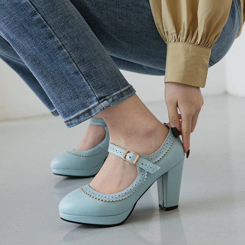 

New Fashion Round Head Thick Heel High Heel Buckle High Heel Shoes