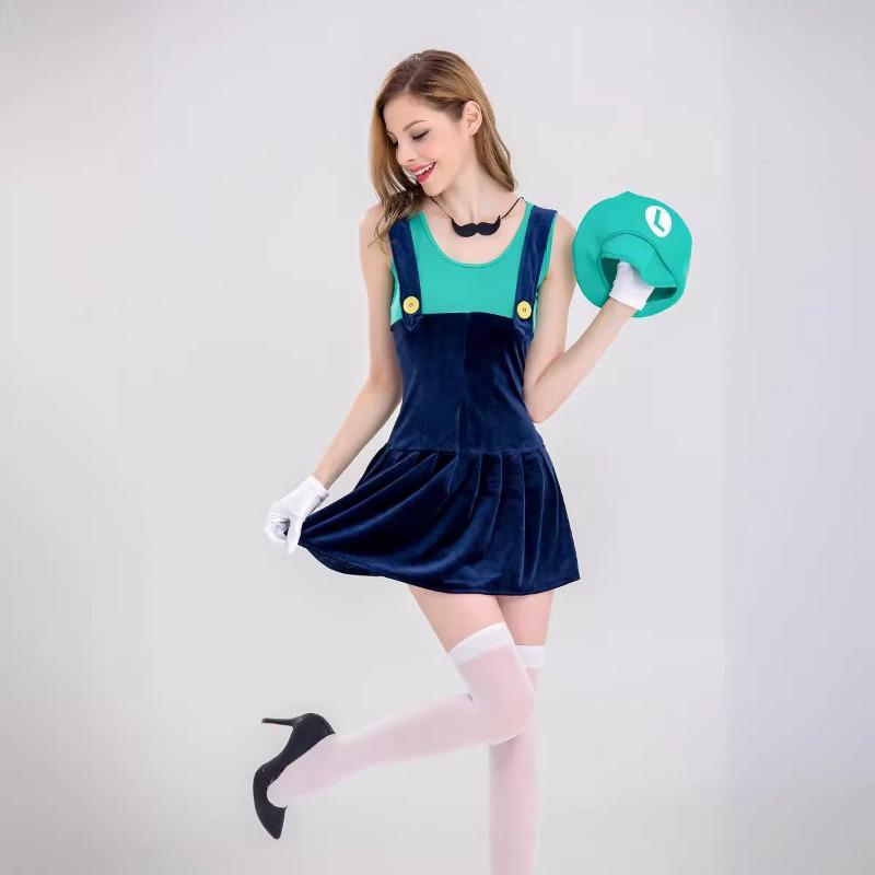 Halloween Kostüm Damen Erwachsene Maria Kleid, Mario Kleid Damen Trägerrock Bühnenkleid