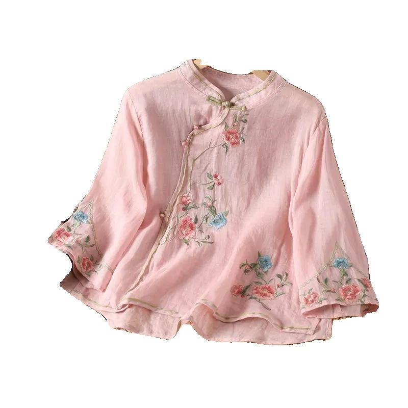 Spring, Autumn and Summer Cotton and Linen Shirt Embroidered Retro Placket Button Literary Top Women's Seven-quarter Sleeve Shirt