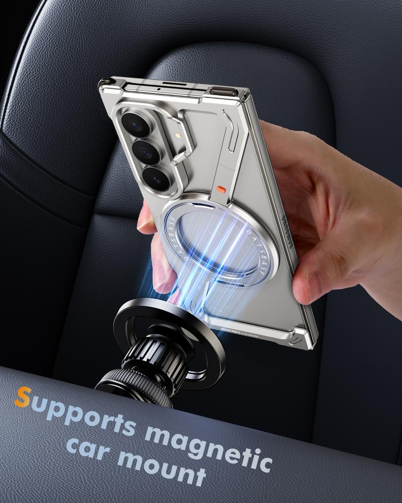 Oatsbasf Metal Minimalist Z Case for Samsung Galaxy Z Fold 7 with 360°Rotation Ring Stand Magnetic Phone Cover Shockproof Bumper