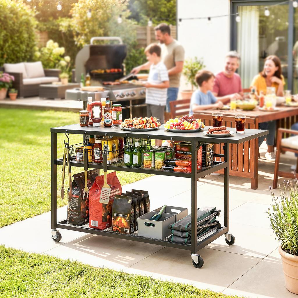Garden Trolley Barbecue Cart on Casters with Foldable Side Tray, Three Shelves, 133 x 48.5 x 82 cm, Black
