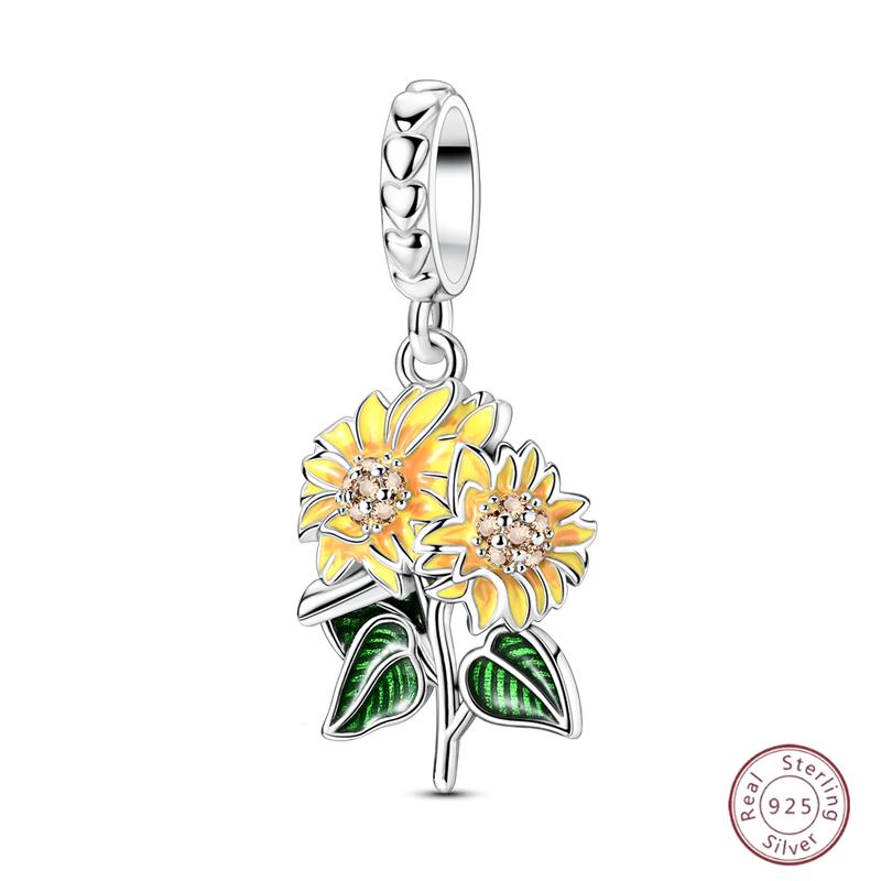 Copper Beaded Pendant Shiny Zirconia Sunflower Flower Original 3Mm Bracelet Women Fine Jewelry