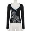 Y2K Spicy Girl Floral V-Neck Long Sleeve Cinched Waist T-Shirt