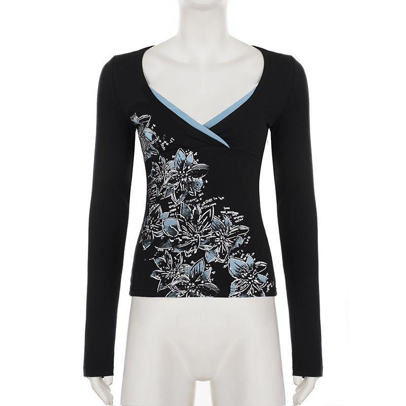 Y2K Spicy Girl Floral V-Neck Long Sleeve Cinched Waist T-Shirt
