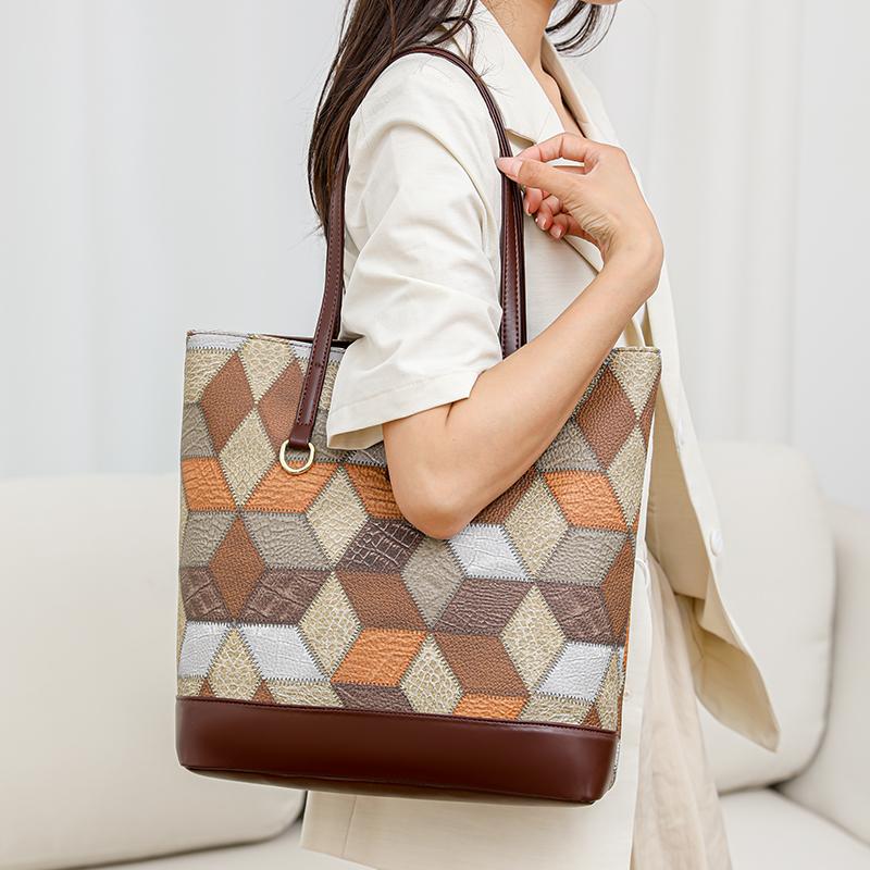 Vintage Velkokapacitní Tote Bag Color Block Dámská taška přes rameno Patchworková kabelka