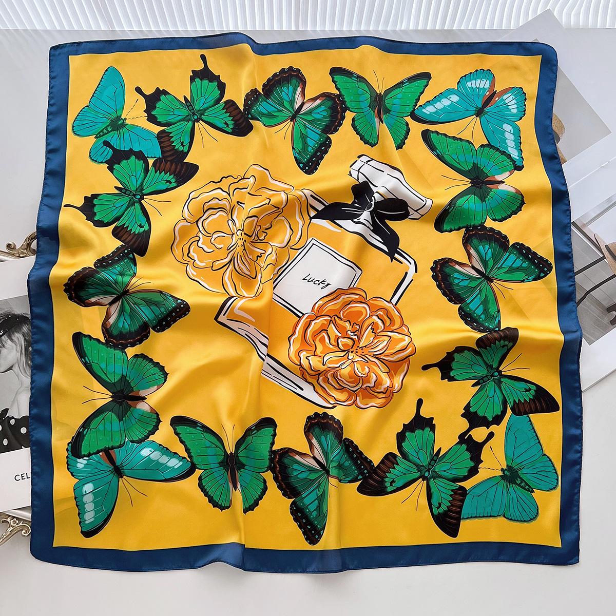 

Шелковый шарф с бабочками и цветами Женский весенне-летний шейный платок Подарок маме Квадратный шарф Универсальный Тонкий Темпераментный Высококлассный Литературный шарф 66cm