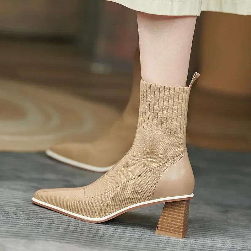 Socks Boots for Women's 2025New Square Toe Ankle Boot Fashion Woman Shoes Chunky Thick Heel British Knitted Short Boots