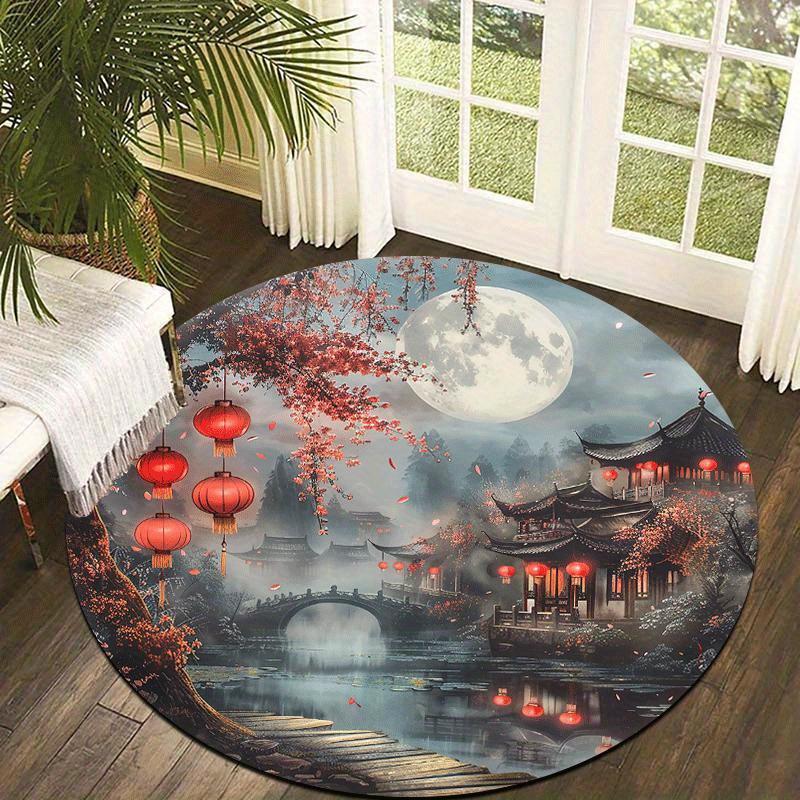 Chinese Garden Moonlight Round Rug - Lightweight Non-Slip Washable Floor Mat for Entryway and Living Room