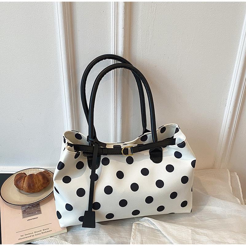 Korean Polka Dot Tote Bag With Belt Buckle Detail Women Large Capacity Casual Shoulder Bag Stylish Daily Commute Work Handbag