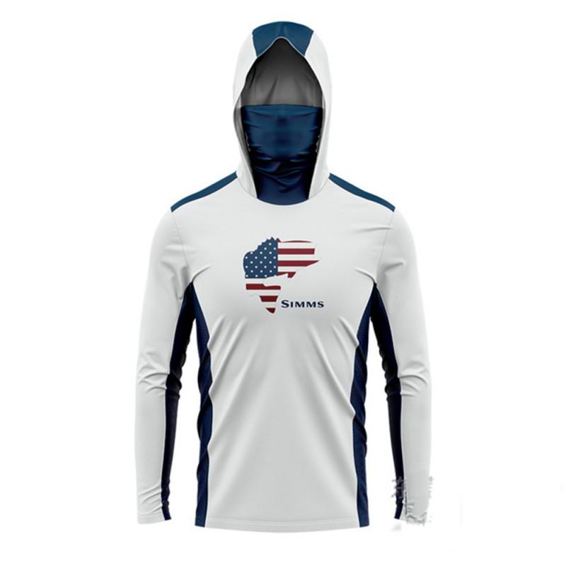SIMMS Mens UPF50 Long Sleeve Fishing Shirt With Mask Hood UV Protection Angling