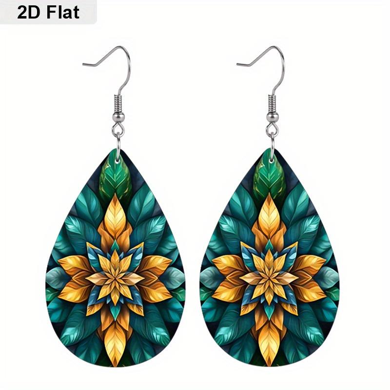 Chic Boho Mandala Floral PU Drop Dangle Earrings for Women, Meditation Theme Colorful Double Sided Hoop Earring, Holiday Party Accessories