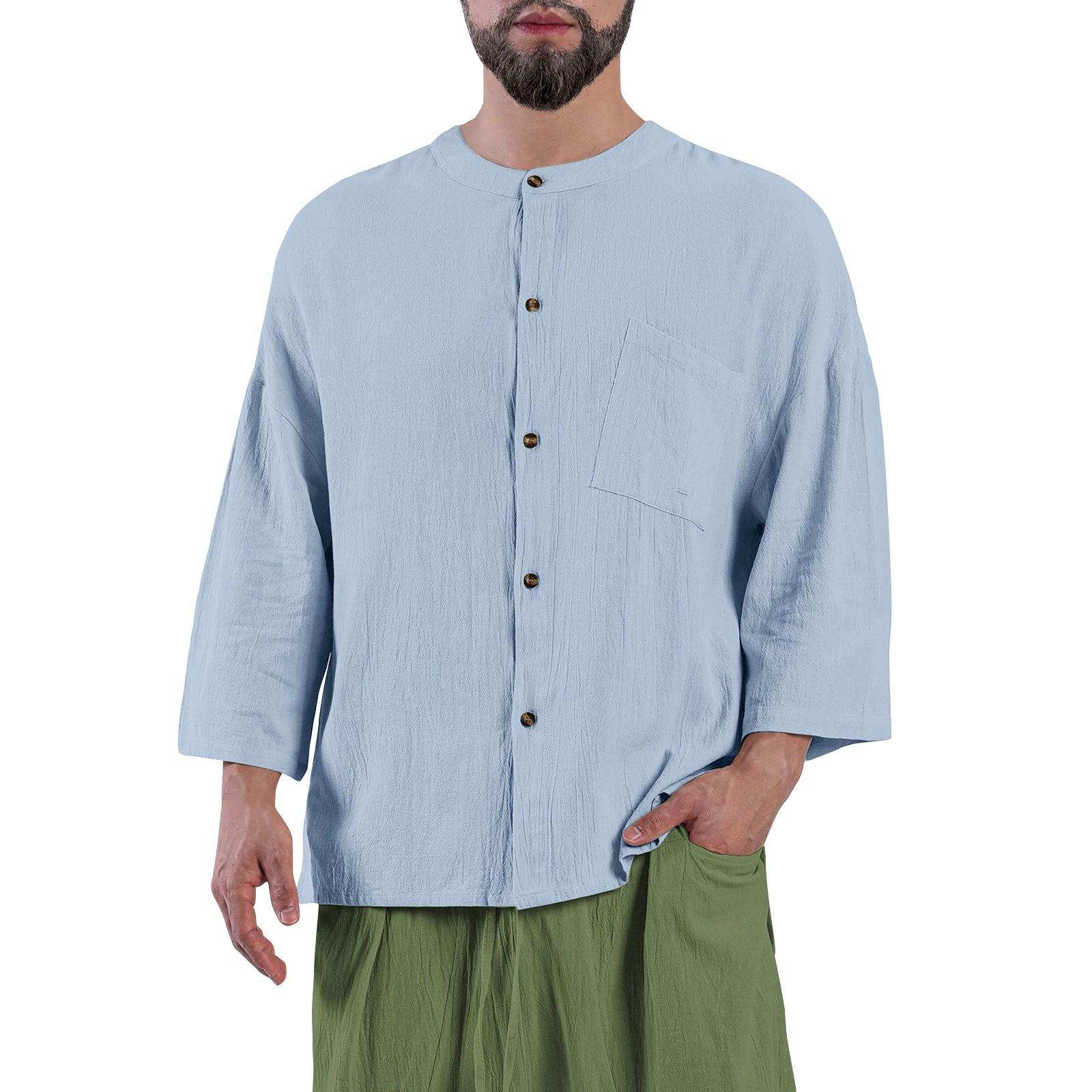 

Мужская однотонная рубашка без воротника с карманами из хлопка и льна на пуговицах три четверти M