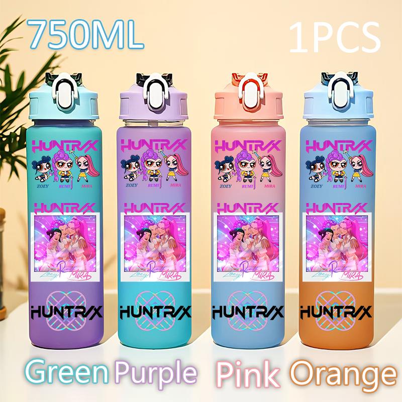 Kpop 750ML Dämonenjäger Wasserflasche K Pop Krieger Rumi Mira Zoey KPOP Trinkflasche Schule Huntrix Kürbis Plastik Wasserbecher