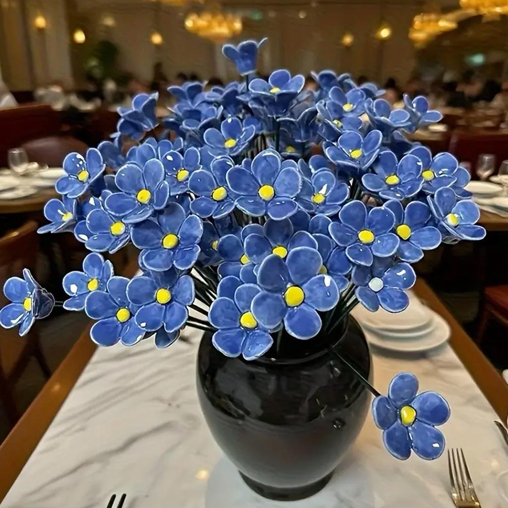 Blue Ceramic Forget-Me-Not Artificial Flowers, 14.56-Inch Fade-Resistant, for Indoor and Outdoor, Decorating Vases, Lawns
