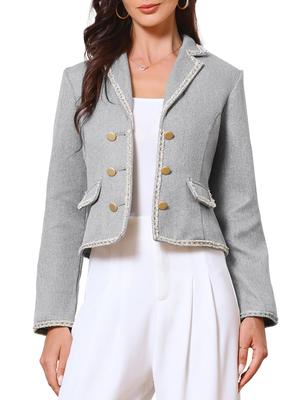 Allegra K Women's Tweed Jacket, Elegant Double-Breasted Long Sleeve Crop Blazer with Collar, Dressy Casual, Gray, Size M