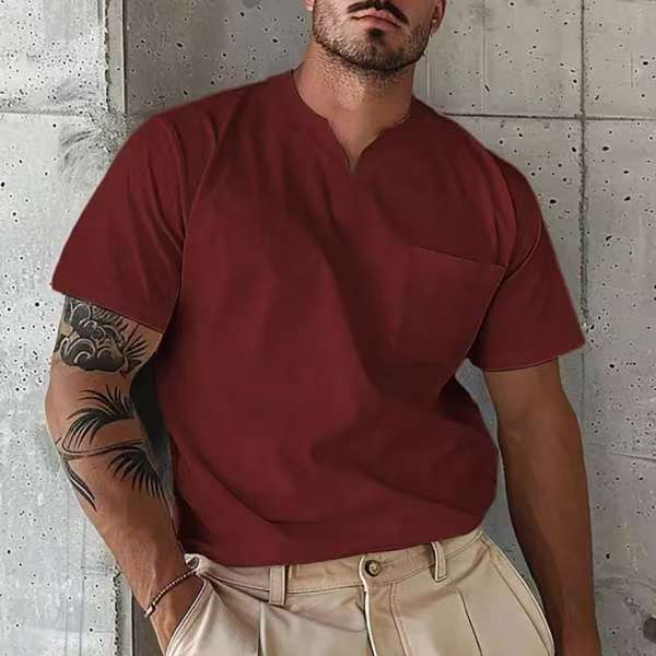 Summer New Muscle Men'S Fitness T-Shirt Men'S Micro Elastic Half Sleeve Top Summer V-Neck Pocket Short Sleeve Men'S