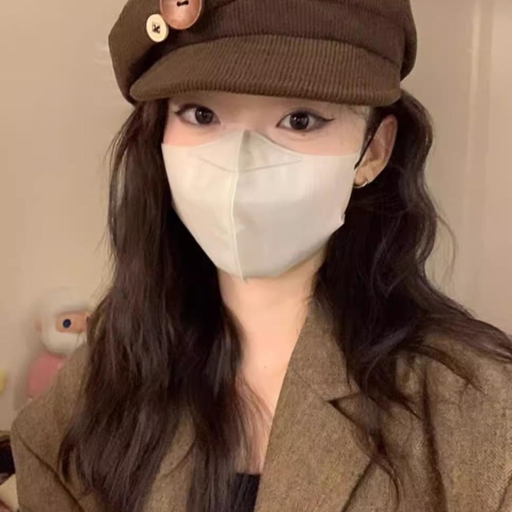 Hat Female Autumn and Winter Octagonal Hat Button Brown Japanese Corduroy Season Versatile Face Painter Hat Newsboy
