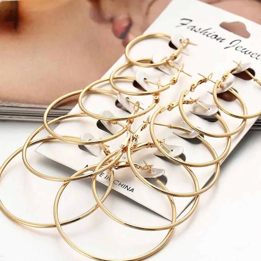 6pair/set Punk Big Smooth Circle Round Hoop Earrings Exaggerate Big Women Trendy Large Hoop Earrings Brand Loop Earrings Jewelry