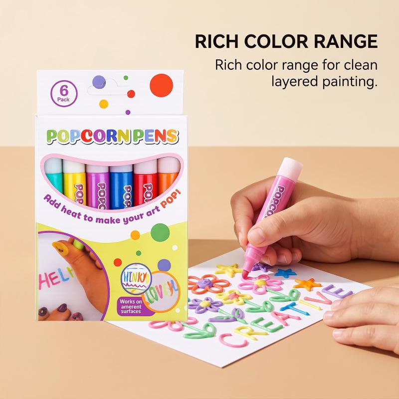 6Pcs Popcorn Bubble Pen 3D Puffy Effect Painting Marker Non-Toxic for Preschool Kids Early Education Drawing Activity