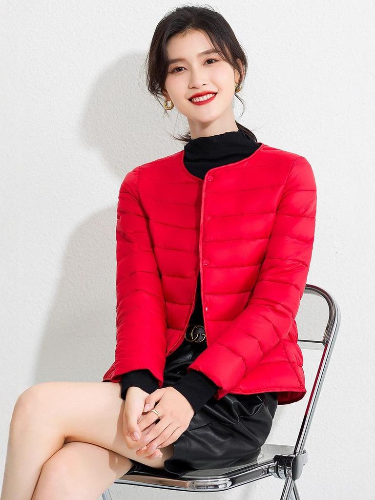 Women's Slim Fit Lightweight Crew Neck Down Jacket - Korean Style Warm Cotton-Padded Coat