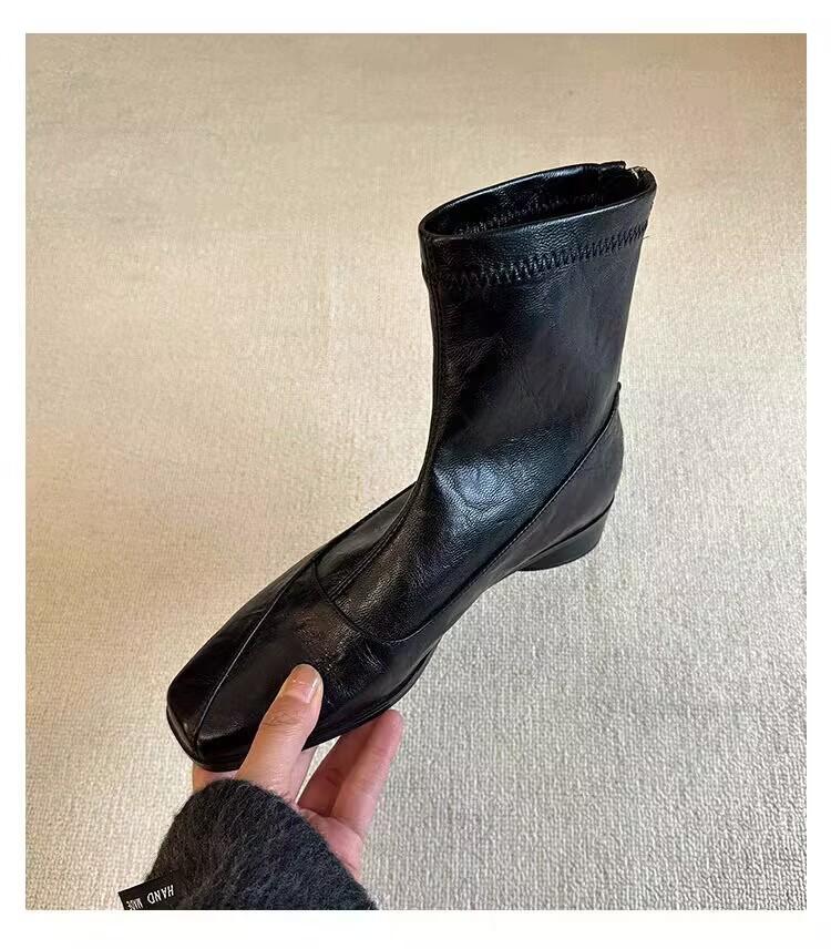 Retro low-heeled thin boots, rear zipper square head thin elastic boots, women's new versatile commuter temperament short boots