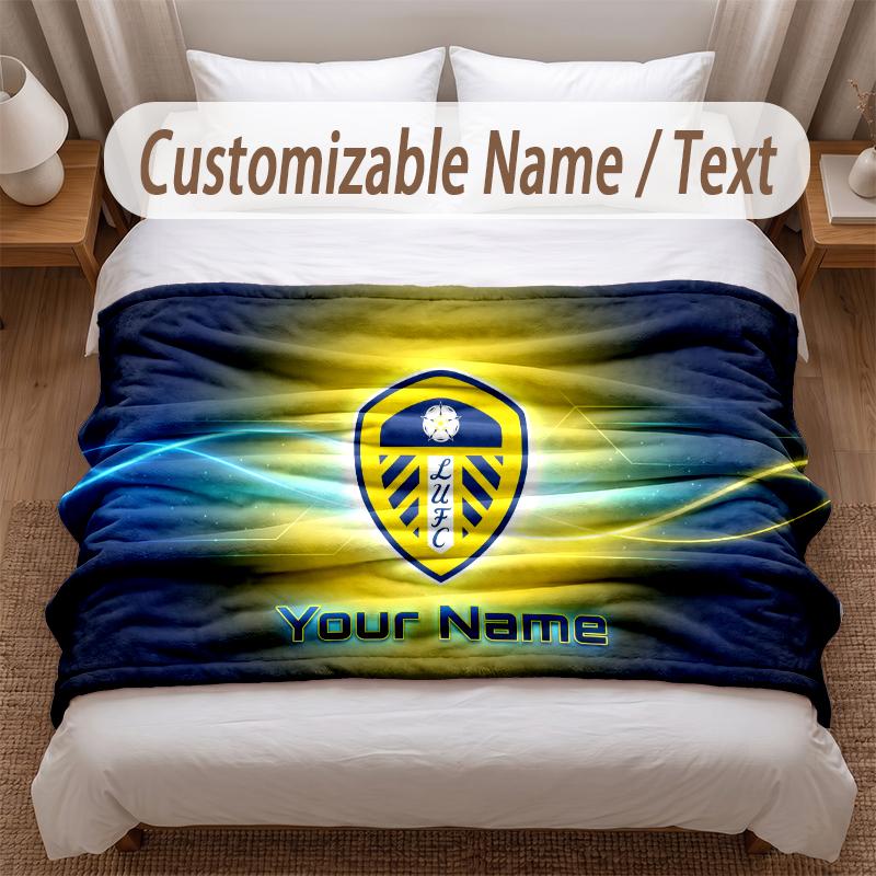 Leeds United Printed Flannel Blanket Custom Name Text Soft Warm Throw For Bedroom Holiday Gift