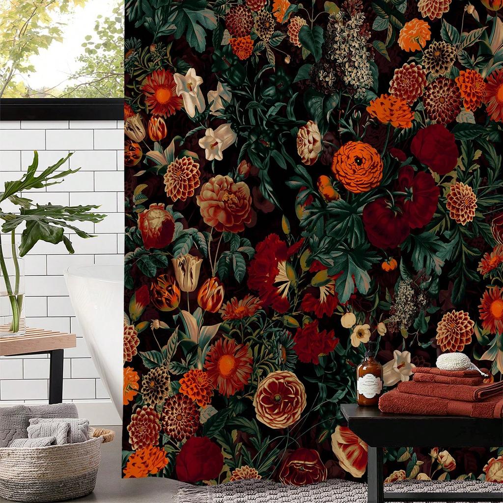 1pc Vintage Flower Printed Waterproof Shower Curtain With 12 Plastic Hooks, Bathroom Divider, Bathroom Decor Window Curtain