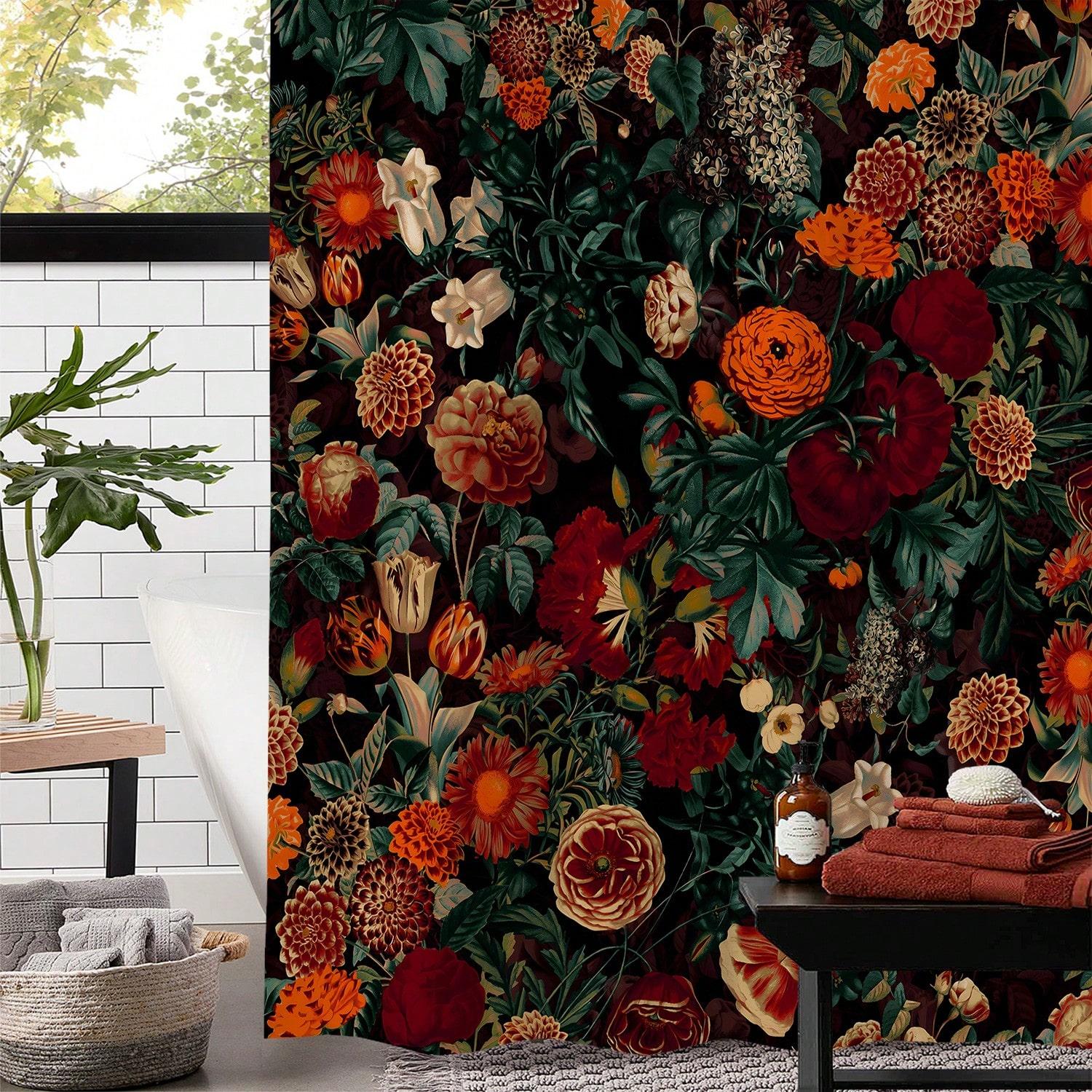 

1pc Vintage Flower Printed Waterproof Shower Curtain With 12 Plastic Hooks, Bathroom Divider, Bathroom Decor Window Curtain W90XH180cm