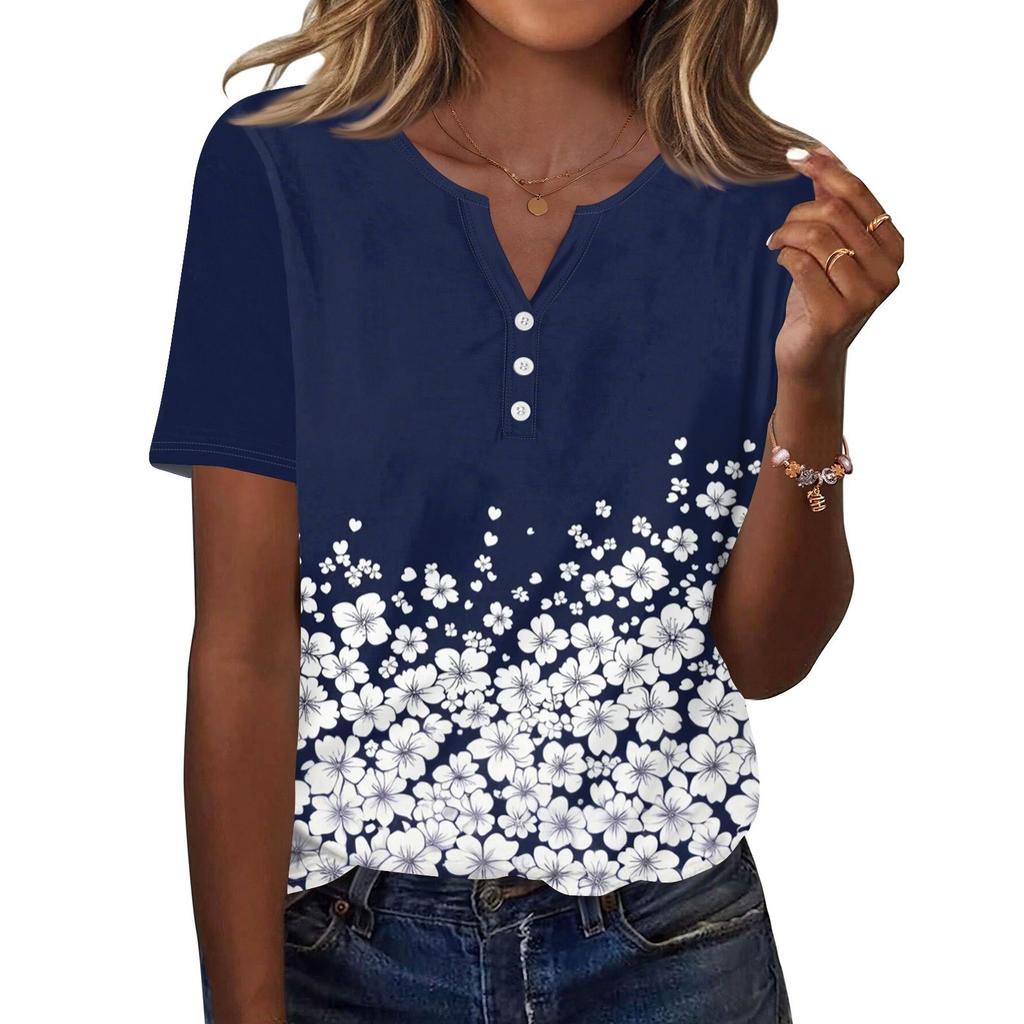 Women's T Shirt Print Button Short Sleeve Daily Weekend Fashion Basic V- Neck Regular Top