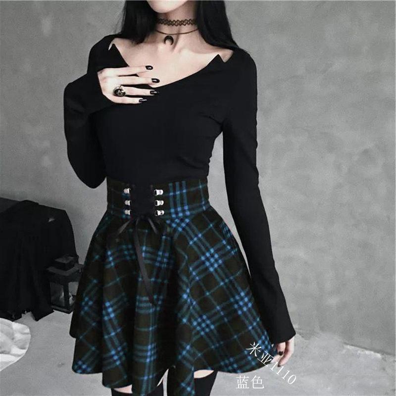 Korsettkleid Dark Gothic Damenrock Lolitakleid kariert bedruckt A-Linien-Korsettrock Mittellanger Faltenrock Collegerock
