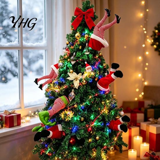 Festive Indoor Wall Hanging Decor Christmas Swinging Leg Ornament, Electric Santa Legs for Tree, Home Gifts Fluffy Funny Tree Topper with Clip,