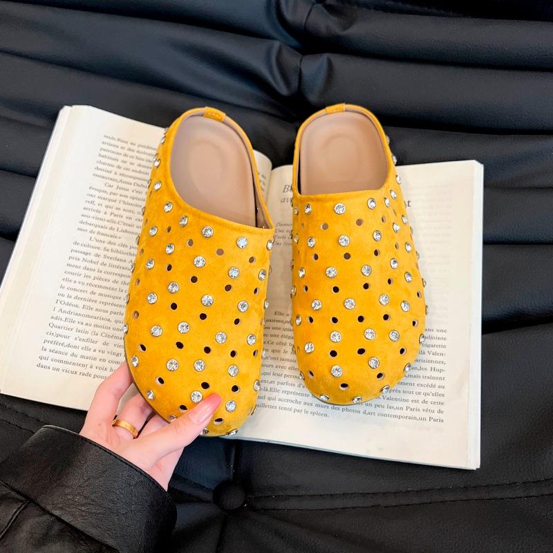 Fashion High-end Rhinestone Baotou Semi-slippers for Women 2025 Spring and Summer Hollow-out Slip-on Soft-soled Slip-ons