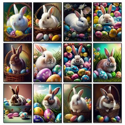Pasqua Adorabile Coniglio Ritratto Animale Uova Colorate Poster Stampe Stampa su Tela Arte Murale Quadro per Soggiorno Decorazioni per la Casa