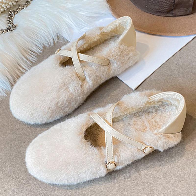 Fashion Elegant Belt Buckle Fur Mocasines Women Rabbit Hair Flats Winter Warm Plush Wool Shoes Ladies Slip On Loafers Furry Ballerinas