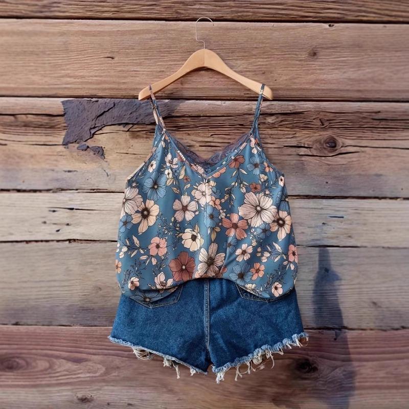 Летний Новый Женский Ретро Цветочный Принт Кружевной Топ-Камисоль Без Рукавов XL чёрный