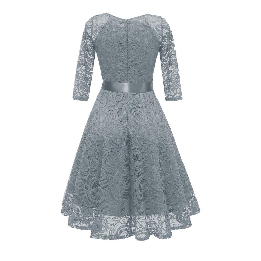 Women's Fashion Vintage V-Neck Long Sleeve Lace  Retro Slim Evening Dress