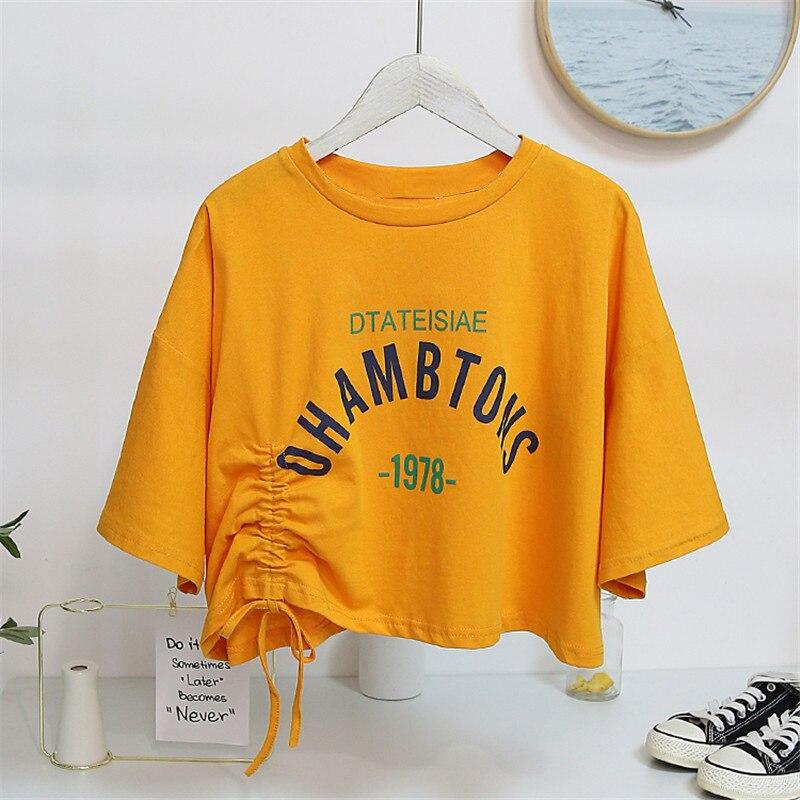 Drawstring Ruched Short Sleeve Tank Tops Tee Women Printing Casual Fashion Crop Top Ladies High Street Tank top Summer Cloth