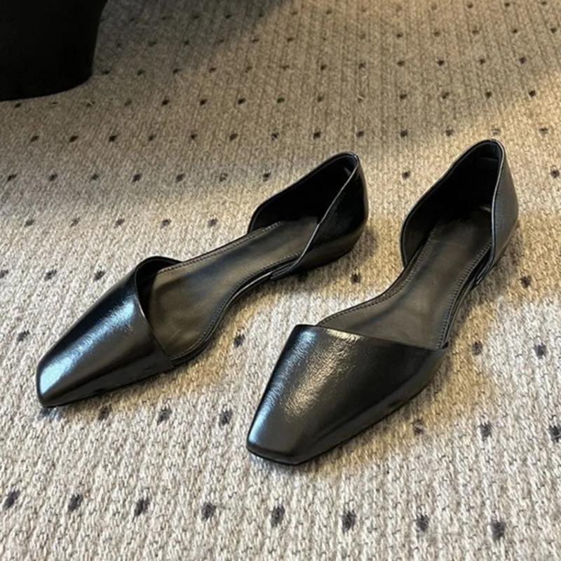 Fashion Genuine Leather Flat Shoes Women Retro Small Square Toe Slanted Mouth Hollow Single Shoes for Women Spring Autumn Flat Sandals