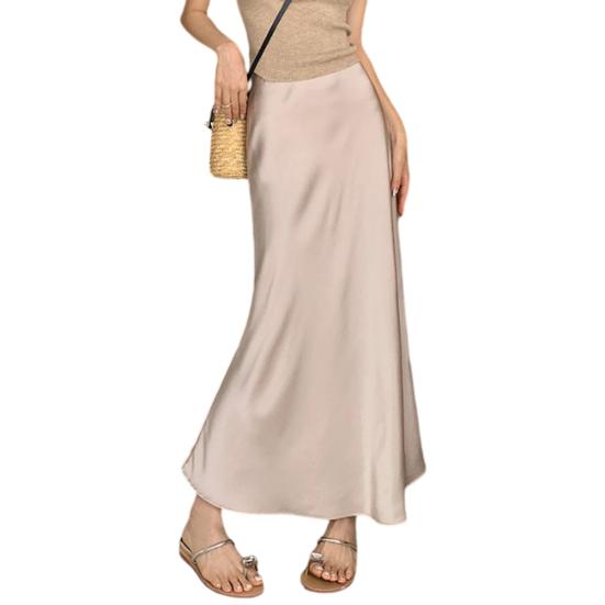 Maxi Skirt High Waist Smooth Satin Fishtail Hem High Waist Commuting Style Slimming M шампанского