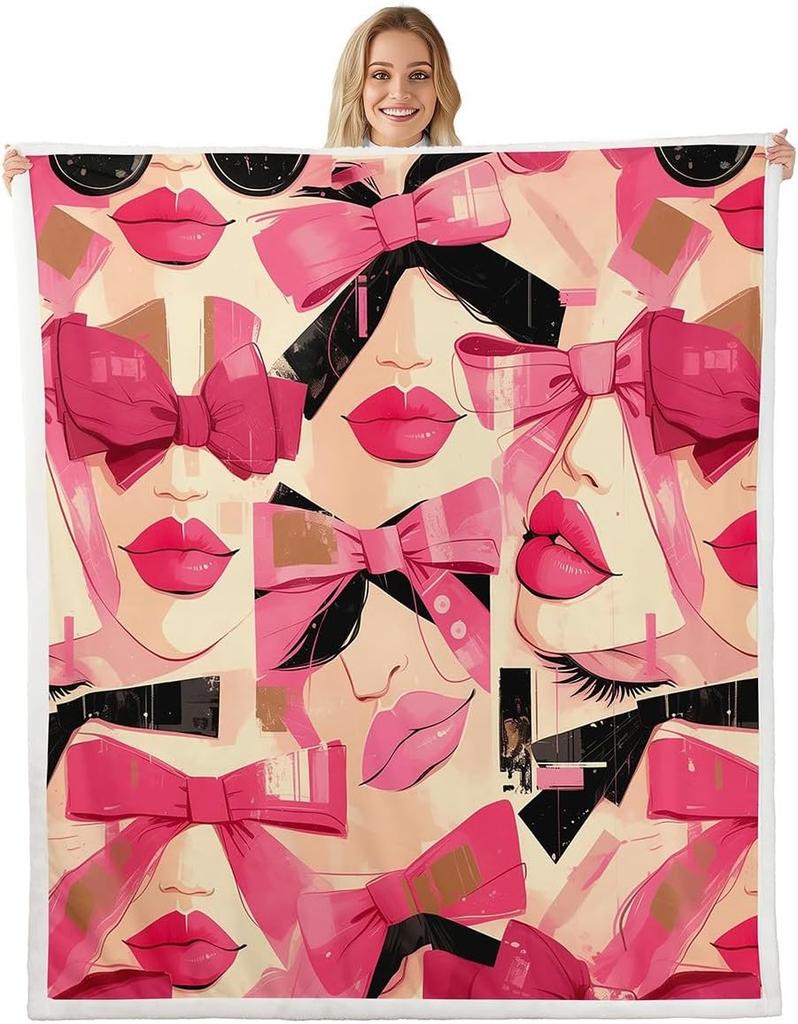 Blue Bow Pattern Blanket Soft Fleece Throw Elegant Home Decor Gift for Women Girls Bedroom Bedding Cover