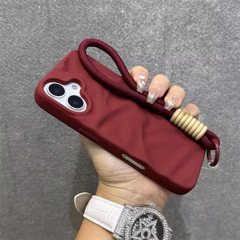Luxury Matte Wrinkle Matte Wrist Strap Case for iPhone 17 Air 16 15 14 13 12 11 17 Pro Max Candy Ripple Soft Lanyard Cover Funda