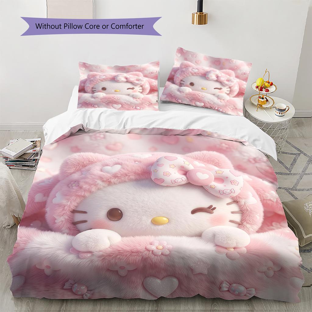 Hello Kitty Pink Pattern Bedding,Quilt Set Quilt Cover Pillowcase Home Birthday Gift(1 * duvet cover + 2 * pillowcase, without core)