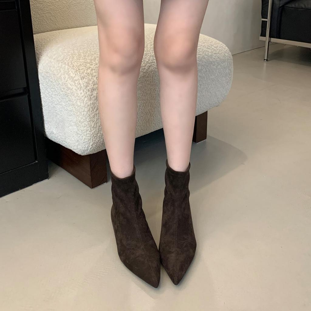 Suede simple pointed short boots women's 2025 autumn and winter new rear zipper women's boots Korean version thin boots fashion boots women